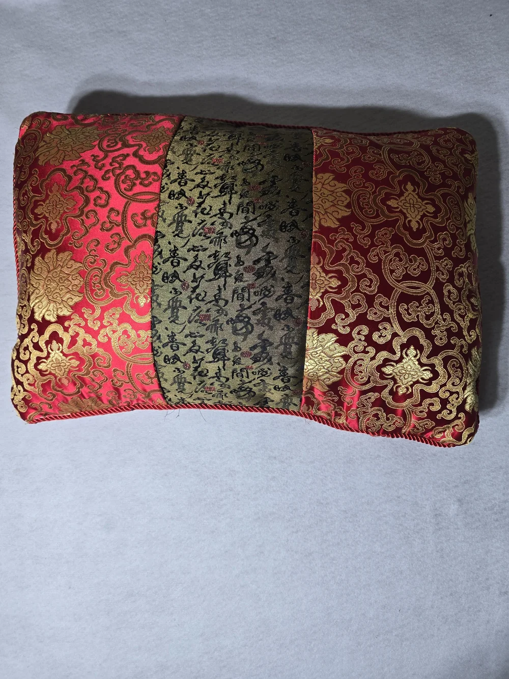 Ornate Red and Gold Decorative Accent Pillow with Embroidered Panel